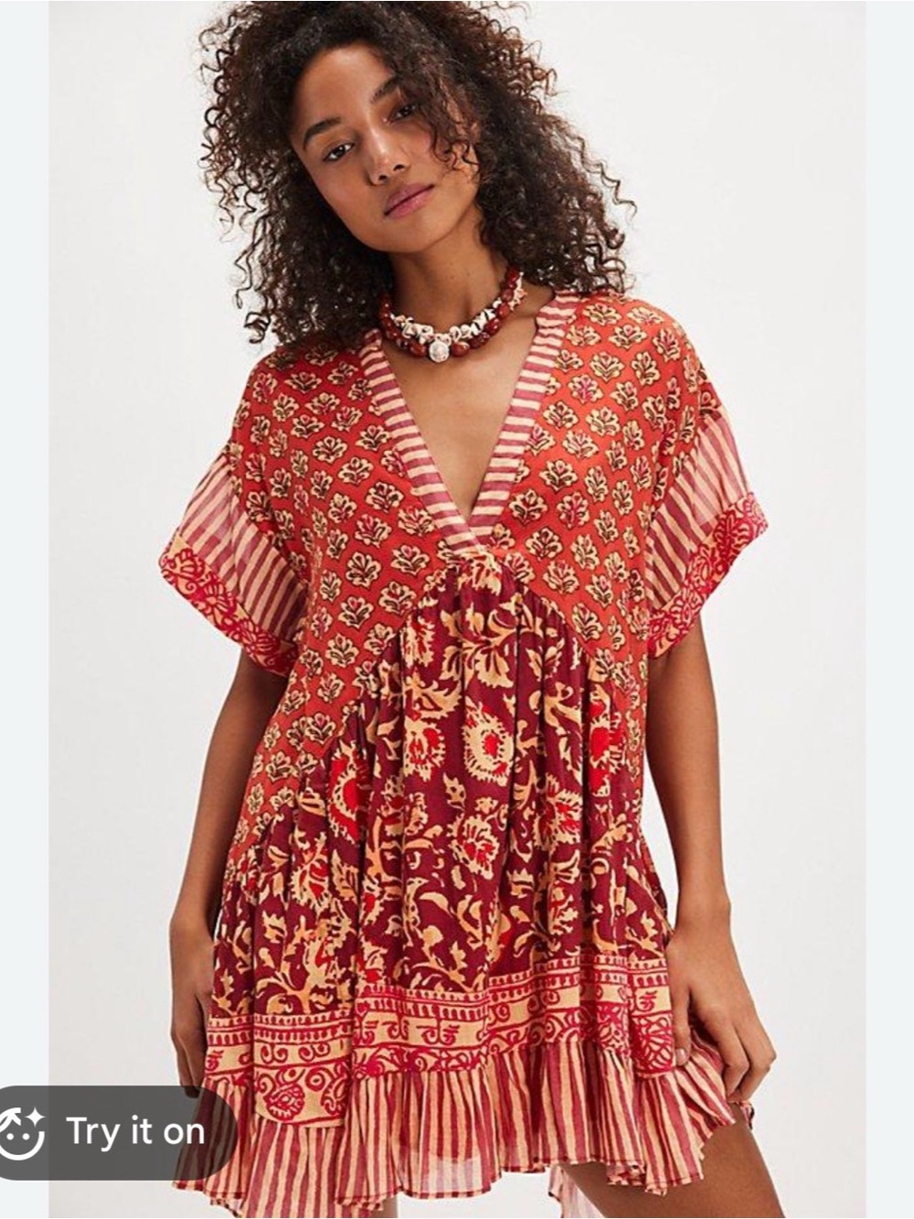 Red Floral Boho V-Neck Short Sleeve Tunic